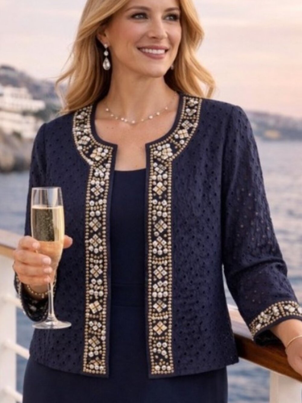 CHICOS Navy Blue Cotton Eyelet Open Front Jacket Beaded Sequins Size 0 S